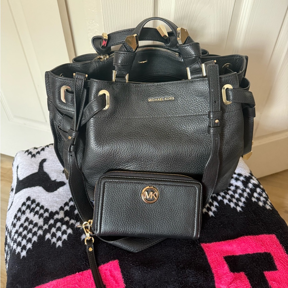 Michael Kors Black Leather Backpack and Wallet Set